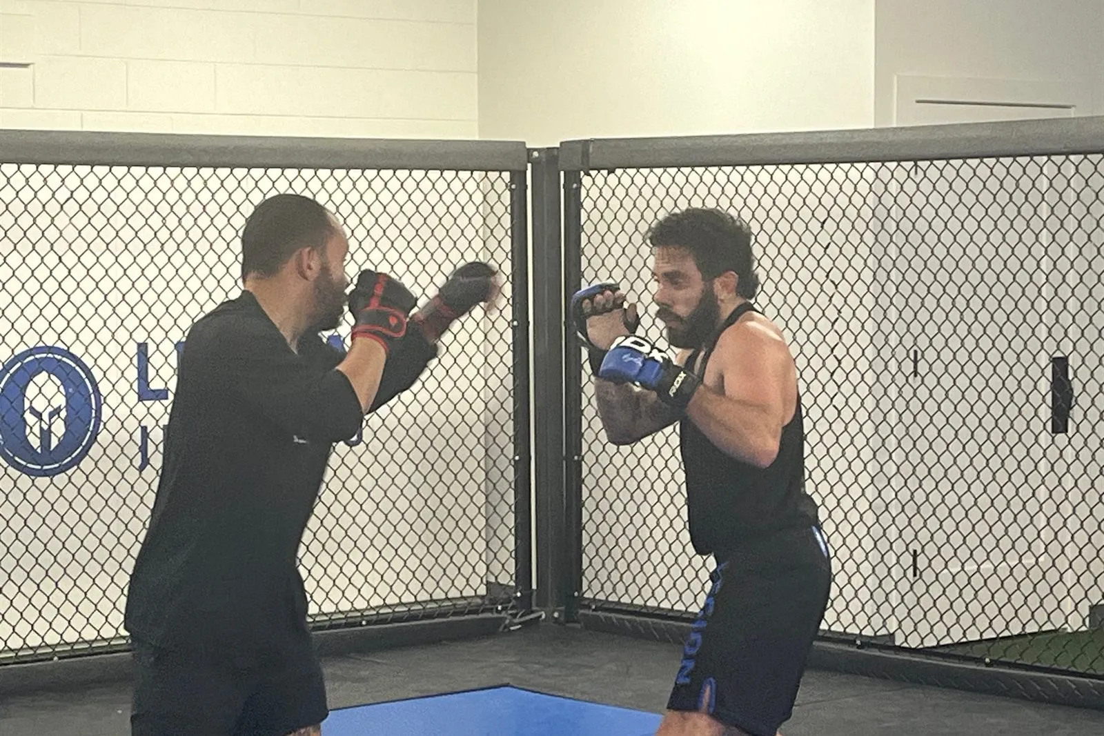 Two fighters sparring inside the training cage at Furst Place MMA in Hendersonville, Tennessee
